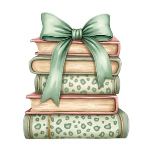 May include: A stack of books with a green bow on top. The books have a variety of patterns, including a leopard print and a solid color. The books are tied together with a green ribbon.