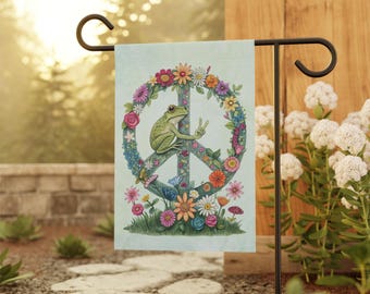Cottagecore Frog Peace Sign Yard Flag: Retro Hippie Garden Decor