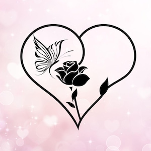 蝶のハート SVG PNG、バレンタインの白黒ハートのイラスト、バラのハート SVG、バラの蝶のハートのクリップアート、花のハート SVG