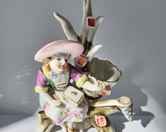 Vintage Porcelain Spill Vase, Gold Gilt Figurine, Ornate Bud Vase, Bavarian Woman with Hat and Net Statuette