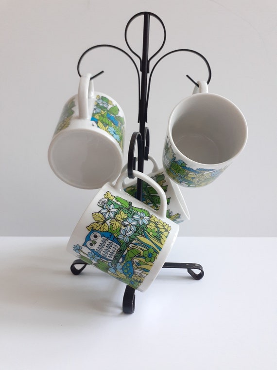 Vintage Mod Mug Tree Japan, Owls and Plants Kitchenware, Set of 4 Coffee Mugs with Stand, 1970s Decor