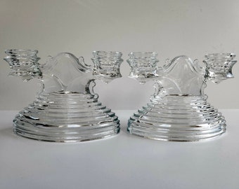 Vintage Clear Glass Art Deco Candleholders, Ribbed Glass Pair of Candle Holders, Set of 2 Tapered Candlesticks Holder, PLEASE READ DETAILS