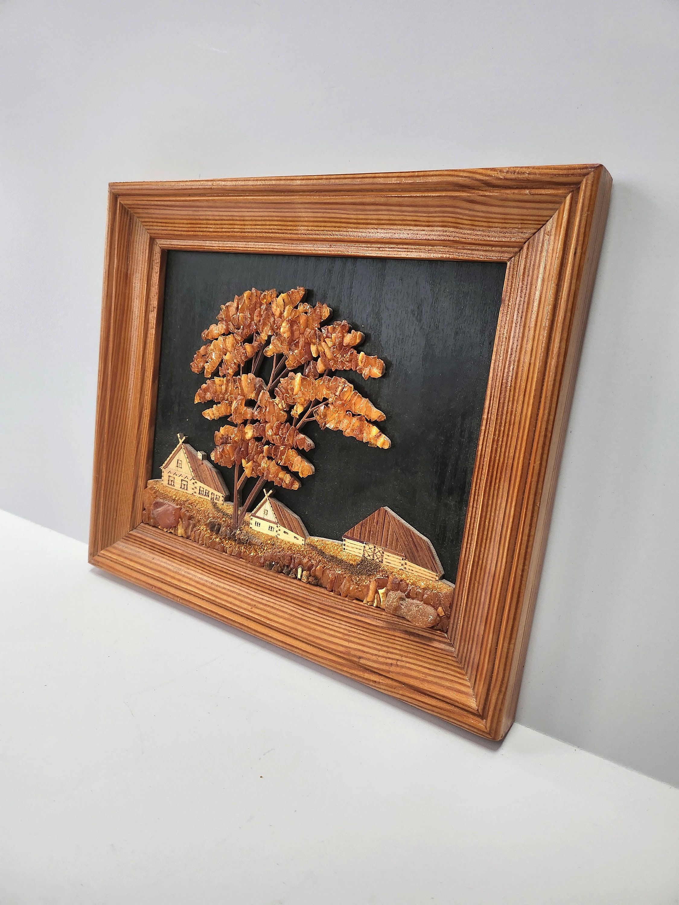 Baltic Amber Framed Art, Mixed Media Landscape Picture, Natural