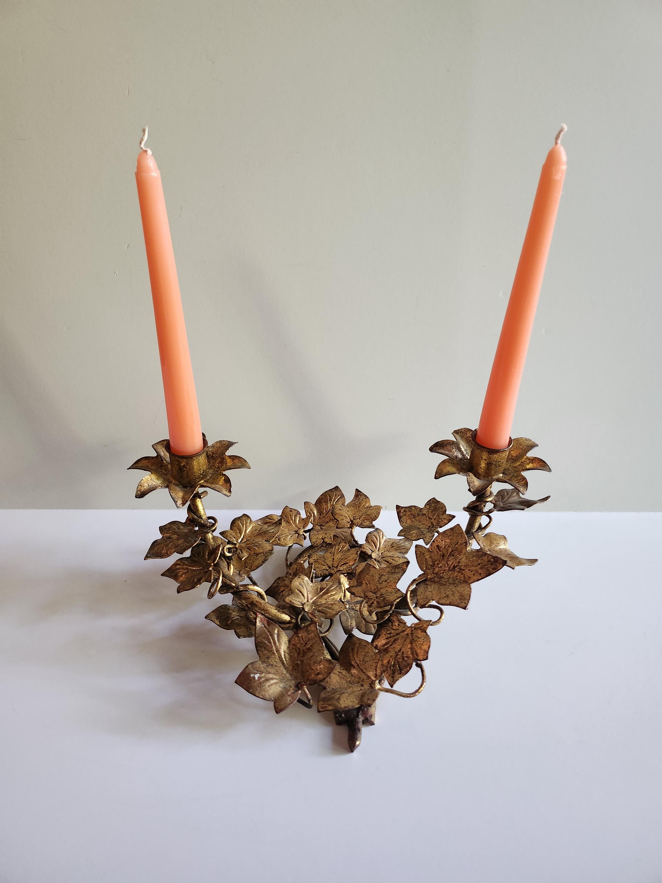 Vintage Italian Tole Gilded Candlesticks Holder, Golden Ivy  display picture 1