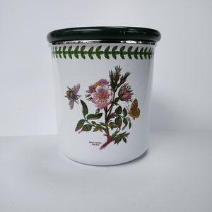 Portmeirion Botanic Garden Enameled Metal Canister Vintage Lidded Dog Rose Botanical Jar Flowers Winged Insects Bumblebee Kitchen Container