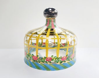 Vintage MacKenzie-Childs Whimsical Glass Cheese Dome, Handpainted Pastry Cloche, Colorful Serveware, Sweets and Treats Cake Keeper