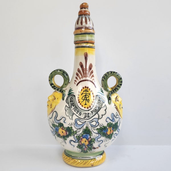Italian Majolica Pilgrim Flask, Certosa Di Firenze Lidded Decanter, Grotesque Figural Horned Beasts, Handpainted Italian Pottery Vessel