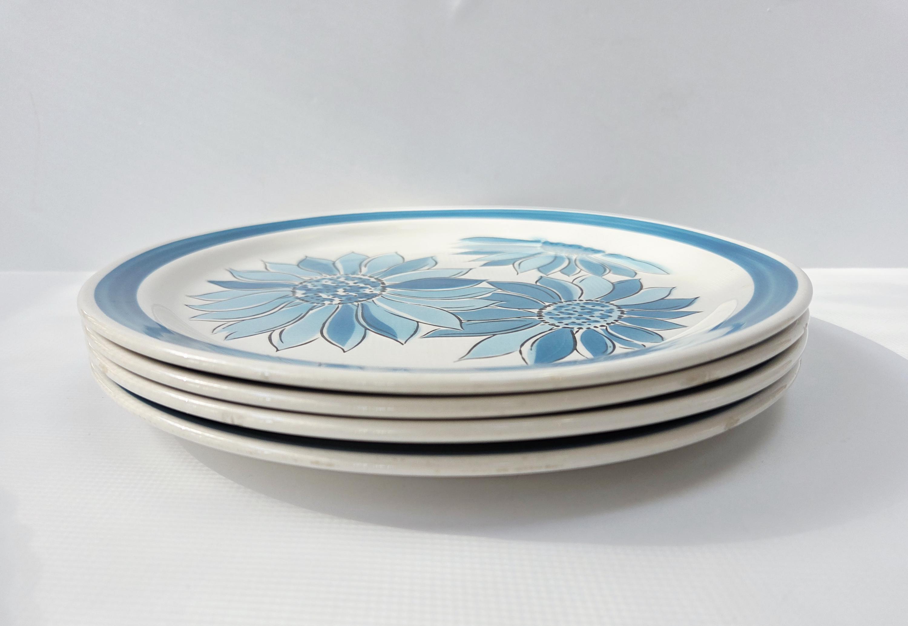 Vintage Retro Blue Flowers Dinner Plates, Mediterranean Ironstone