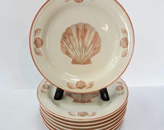 Vintage Sangostone Coquille Dessert Salad Snack Plates, Pink Scallop Seashell Dinnerware, Set of 8 Stoneware China, Pattern 3664