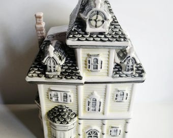 Victorian House Cookie Jar, Decorative Lidded Canister, Spooky Mansion Ceramic Container