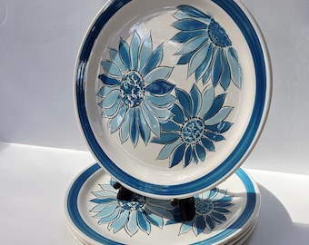 Vintage Retro Blue Flowers Dinner Plates, Mediterranean Ironstone by Hara Dinnerware, 1970s Flower Power Theme, Set of 4, Made in Japan