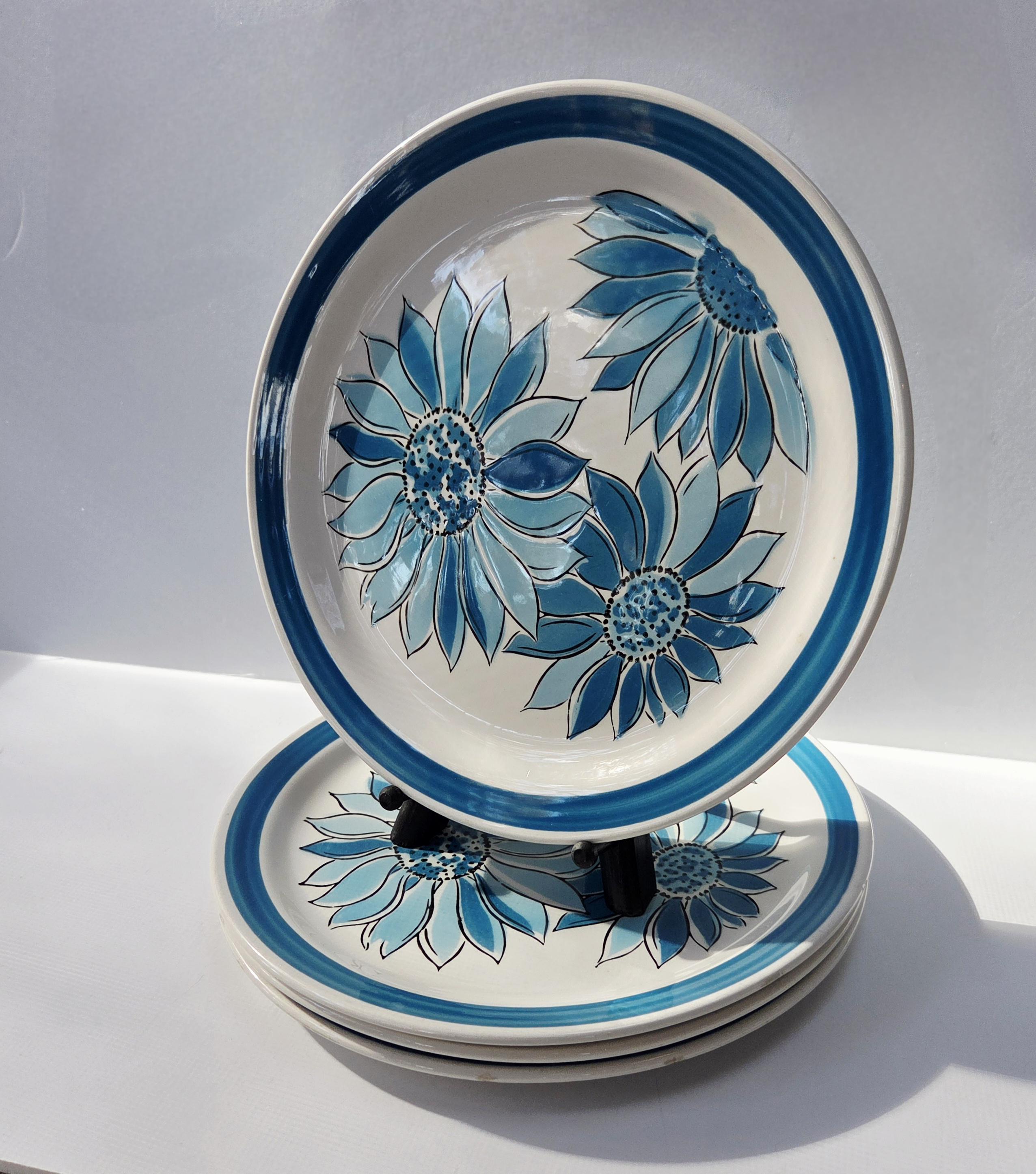 Vintage Retro Blue Flowers Dinner Plates, Mediterranean Ironstone