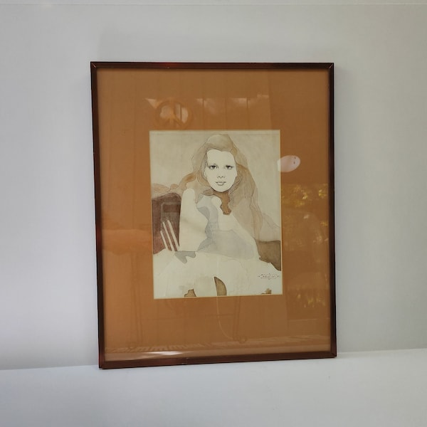 Vintage Portrait Signed "Christian", Mixed Media Art, Lithograph, Framed Print, Neutral Wall Art, Modern Decor