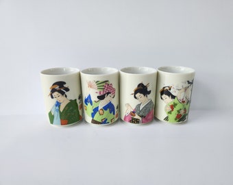 Vintage Japanese Geishas Sake Set, 4 Piece Barware, Japanese Teacups, Set of Four Drinkware, Ceramic Sake Cups