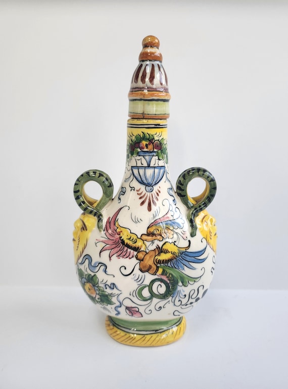Italian Majolica Pilgrim Flask, Certosa Di Firenze Lidded Decanter
