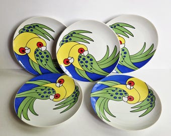 Vintage Fitz & Floyd Colorful Parrots Salad Plates, Variations Tropical Birds Dessert Plates, Lovebirds Coastal Dinnerware, Set of 5