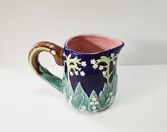 Vintage Majolica Lillies Cream Pitcher - J Willfred for Charles Sadek, Cobalt Blue & Green with Pink Interior Creamer, Cottagecore Serveware