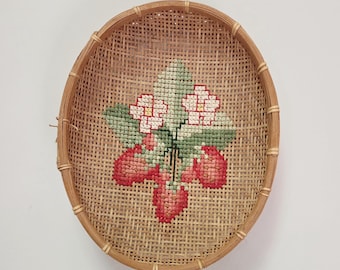 Vintage Woven Strawberry Basket, Stitched Strawberry Flowers Drying Basket, Cottagecore Decor, Country Kitchen Wall Art