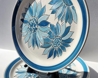 Vintage Retro Blue Flowers Dinner Plates, Mediterranean Ironstone
