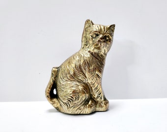 Brass Cat Figurine, Gold Tone Feline Sculpture, Kitty Cat Statuette, Vintage Brass Home Decor, Brass Accents, Small Tabletop Art