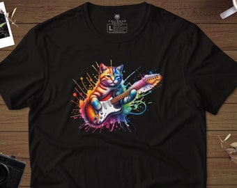 Colorful Cat Rockstar Electric Guitar T-Shirt, Music Lover Unisex Tee