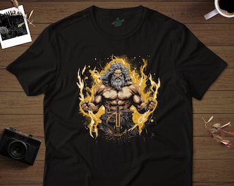 Zeus Greek God of Thunder Holding a Lightning Olympus Ancient Greek Mythology Anime Style Graphic Art T-Shirt