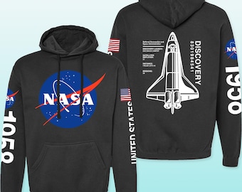 Sudadera clásica con capucha de la NASA Meatball con bandera de Estados Unidos y logotipo de Meatball, manga de 1958, arte gráfico del transbordador espacial Discovery.