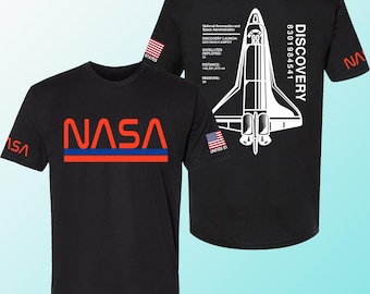NASA Worm Logo Tee with United States Flag and NASA Worm Logo Sleeve Prints and Space Shuttle Discovery Graphic Art T-Shirt