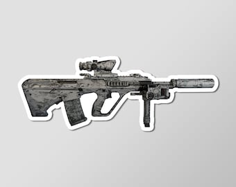 Calcomanía artística de rifle bullpup AUG A3, troquelada brillante, laminada, de 4" de largo