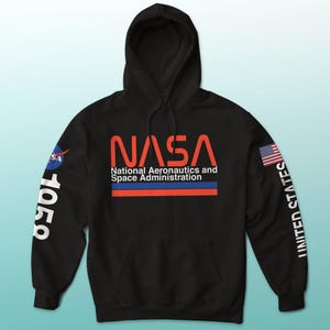 NASA with United States Flag and Meatball Logo 1958 Sleeve Graphic Print Hoodie Sweatshirt