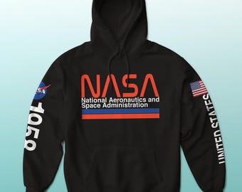 NASA with United States Flag and Meatball Logo 1958 Sleeve Graphic Print Hoodie Sweatshirt