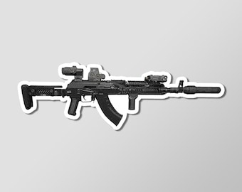 Killerbeemoto: Vinyl Sticker of AK-47 Battle Rifle Hand Drawn