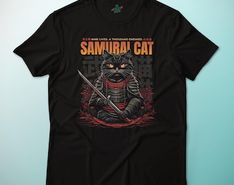 May include: Black t-shirt with a graphic of a black cat dressed as a samurai holding a sword. The text "Nine Lives. A Thousand Enemies." and "Samurai Cat" are printed on the shirt.