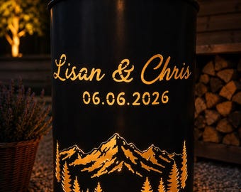 Personalisierte Feuertonne mit Wunschmotiv I Hochzeitsgeschenk I Feuerkorb mit Namen I Gartendeko I Geschenk zur Hochzeit