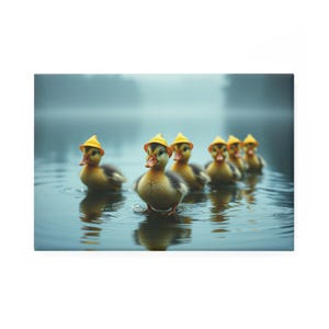 Puede incluir: Un grupo de patitos amarillos y grises con sombreros amarillos nadando en el agua. El fondo es brumoso, con reflejos en la superficie del agua. La imagen tiene una atmósfera suave y soñadora.