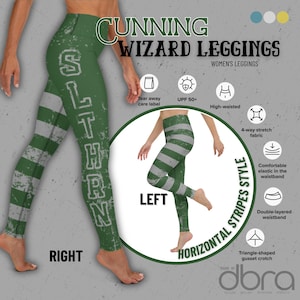Puede incluir: Leggings de rayas verdes y grises con la palabra "SLTHRN" impresa en la pierna derecha. Las leggings están diseñadas con un aspecto desgastado y tienen un ajuste de cintura alta. El texto "Cunning Wizard Leggings" está impreso en la parte superior de la imagen.