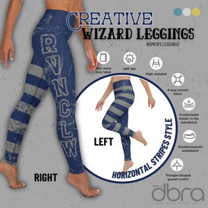 May include: Blue and grey leggings with a distressed look and the word "RVNCLW" printed vertically on the side. The leggings have a high-waisted design and horizontal stripes. The text "Creative Wizard Leggings" is at the top of the image.