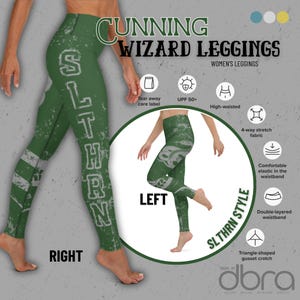 Peut inclure: Leggings verts avec un imprimé graphique délavé du mot "SLTHRN" sur la jambe droite et un imprimé graphique délavé d'une créature sur la jambe gauche. Les leggings sont taille haute et ont une ceinture double épaisseur.