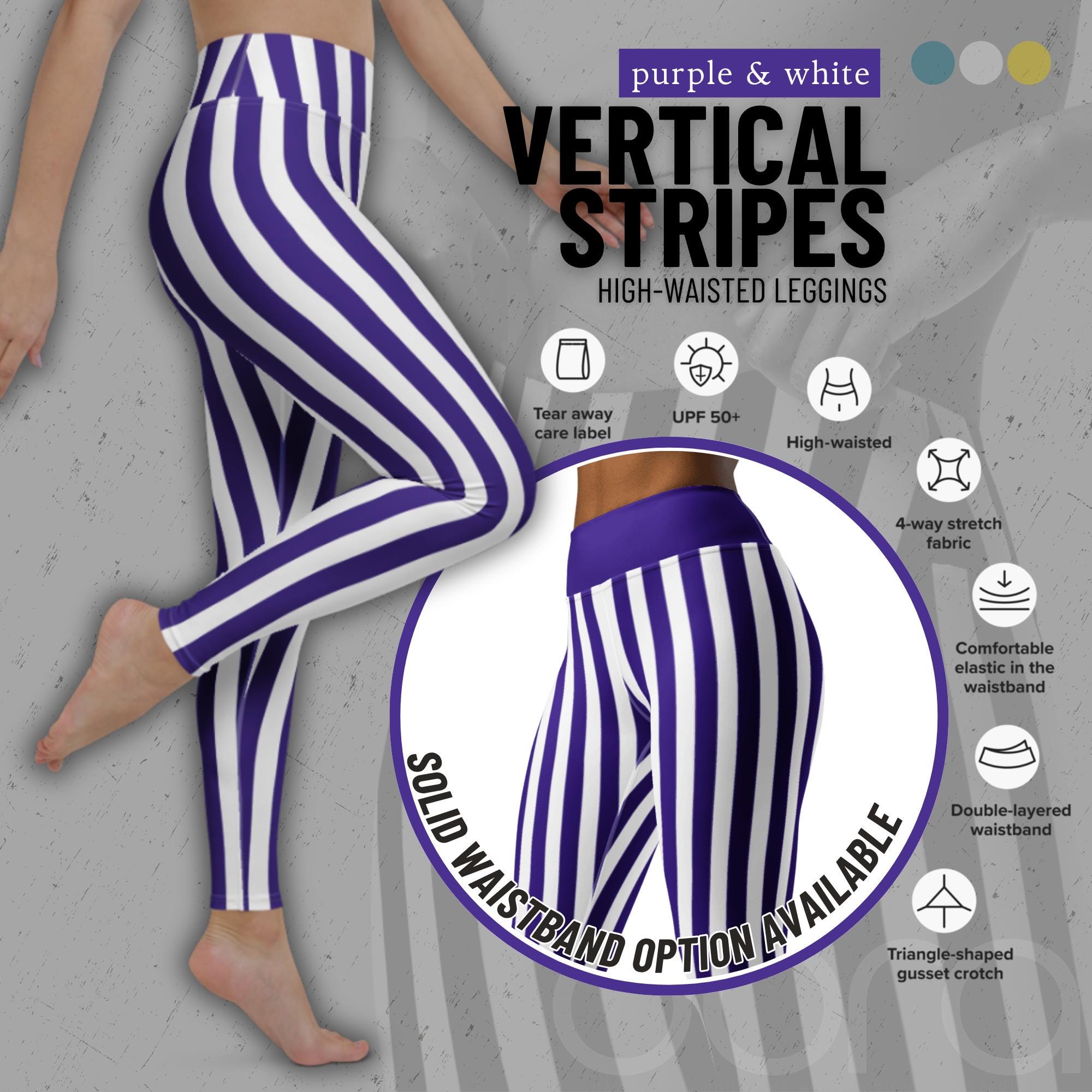 パープルとホワイトのストライプ柄ハイウエストレギンス：レディース