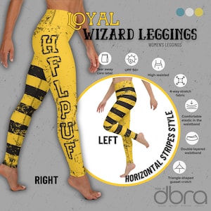 Op de afbeelding: Gele en zwarte leggings met een horizontaal streepdessin en de tekst "KFLPUF" verticaal geprint op het rechterbeen. De leggings zijn hoog getailleerd en hebben een comfortabele elastische tailleband. De leggings zijn gemaakt van een 4-weg stretchstof en hebben een driehoekige gusset.
