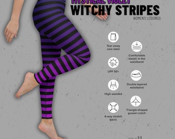 パープルとホワイトのストライプ柄ハイウエストレギンス：レディース
