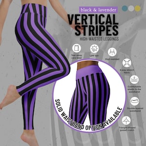 Black & Lavender Striped High Waisted Leggings: Colorful Yoga Pants
