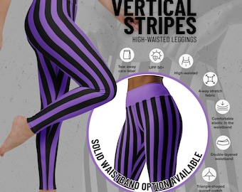 Black & Lavender Striped High Waisted Leggings: Colorful Yoga Pants
