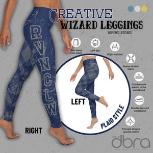 Puede incluir: Leggings azules con estampado de cuadros y el texto "RVNCUW" en la pierna derecha. Los leggings son de cintura alta y tienen una cintura de doble capa. El texto "CREATIVE WIZARD LEGGINGS" está en la parte superior de la imagen.