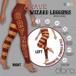 Puede incluir: Leggings de rayas rojas y doradas con la palabra "GRFNDR" impresa en el lateral. Las leggings son de cintura alta y tienen una cintura elástica cómoda. Las leggings están hechas de una tela elástica de 4 vías y tienen un fuelle en forma de triángulo.