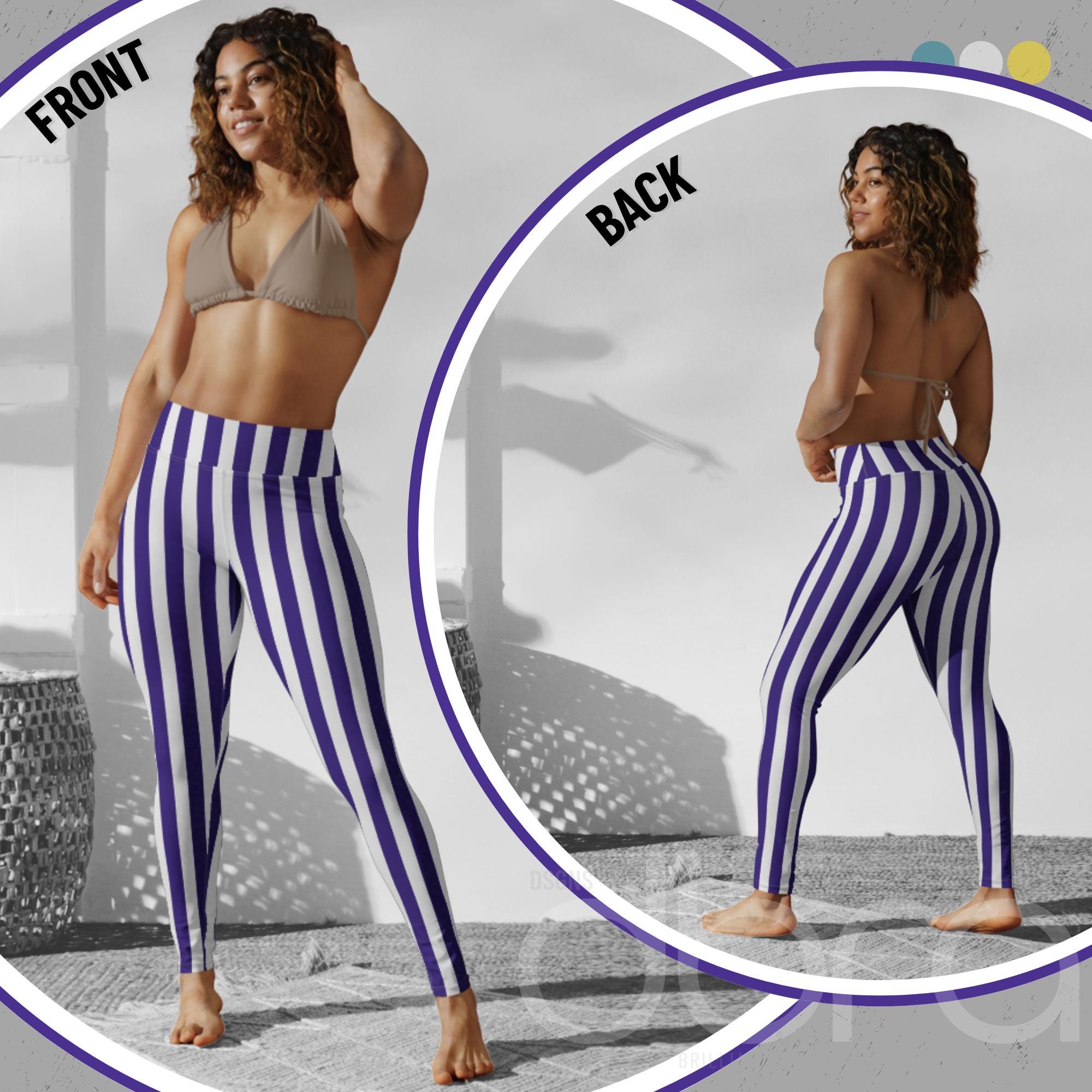 パープルとホワイトのストライプ柄ハイウエストレギンス：レディース