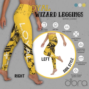 May include: Yellow leggings with a black and white graphic print of a lion and the word "LOYAL". The leggings are high-waisted and have a double-layered waistband. The leggings are made of a 4-way stretch fabric and have a triangle-shaped gusset crotch.