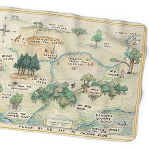 Retro Winnie Pooh 100 acre wood map, NOSTALGIA, faded, Distressed, vintage style, 1980s, Sherpa Fleece-Xl Blanket 50x60, gen x