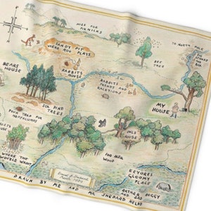 Retro Winnie Pooh 100 acre wood map, NOSTALGIA, faded, Distressed, vintage style, 1980s, Sherpa Fleece-Xl Blanket 60x80, gen x
