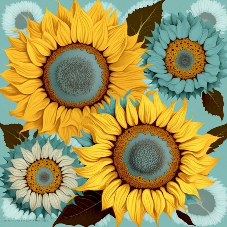May include: A close-up of three sunflowers with yellow petals and blue centres. The sunflowers are arranged in a cluster, with the largest sunflower in the centre. The background is a light blue colour.